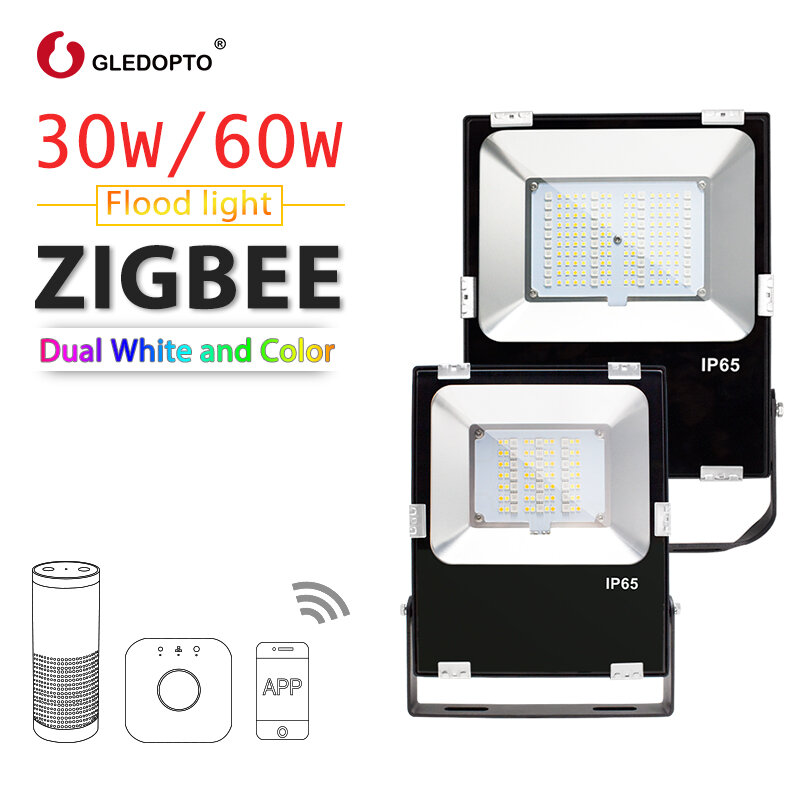 Holofote led inteligente zigbee 60w, rgb + cct luz externa ip65 à prova d'água, zigbee, lâmpada de parede, ue, eua, echo plus