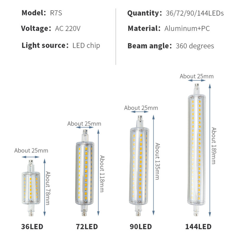 Bombilla LED R7S J78 J118, lámpara de maíz regulable, 78mm, 118mm, 135mm, 189mm