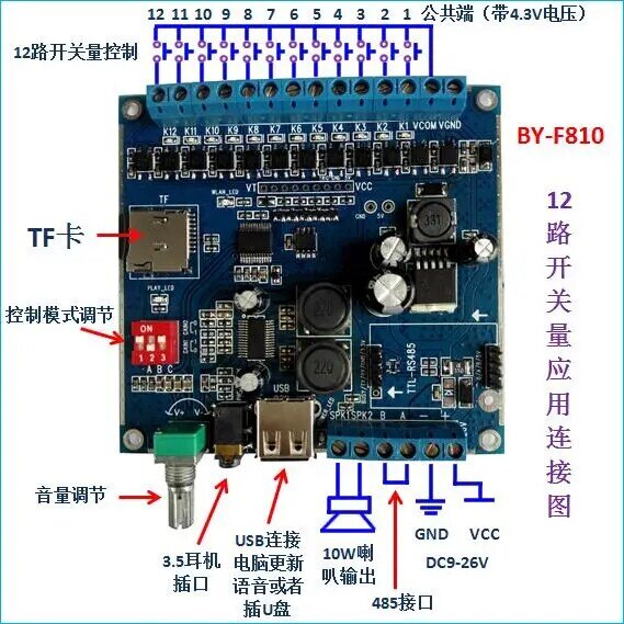 10W Suara Modul Multi Channel Musik/Audio Player 485 Komunikasi Suara Papan Kontrol BY-F810