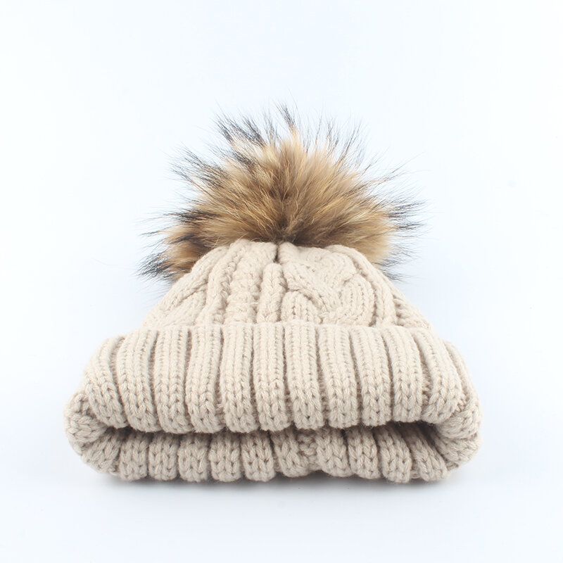 2022 mulheres chapéu de veludo quente de lã dentro beanie chapéus de inverno para as mulheres de pele real pompom chapéu pai criança torção meninas de malha cap