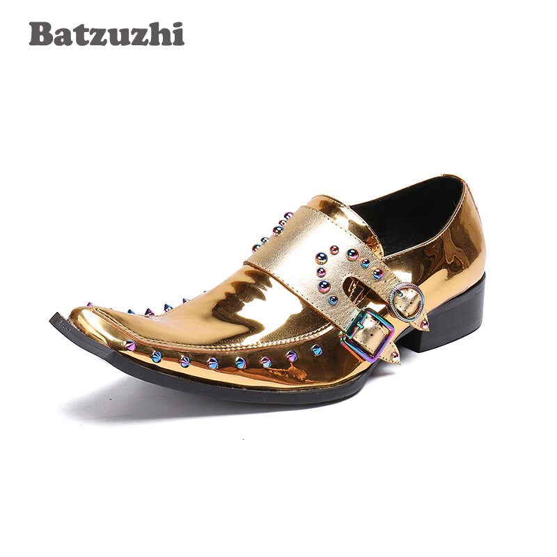 Batzuzhi rock sapatos masculinos ocidental ouro genuíno vestido de couro sapatos masculinos rebites sepatu pria clube festa pista sapatos masculinos, us12
