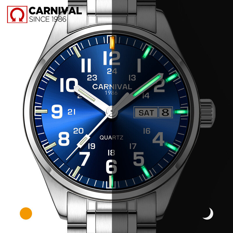 Carnaval nova moda tritium gás auto relógio luminoso masculino relógios de luxo da marca superior quartzo relógio de pulso semana data relogio masculino
