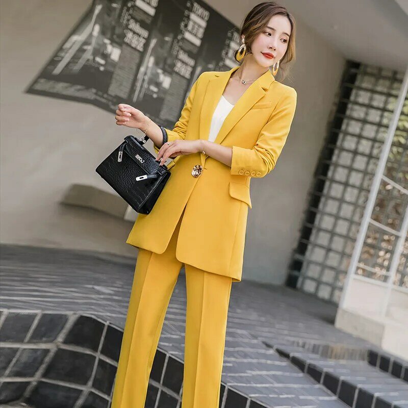 Новинка 2019, женский костюм, осенняя модная желтая длинная секция, узкие брюки в западном стиле, два комплекта темпераментной женской одежды