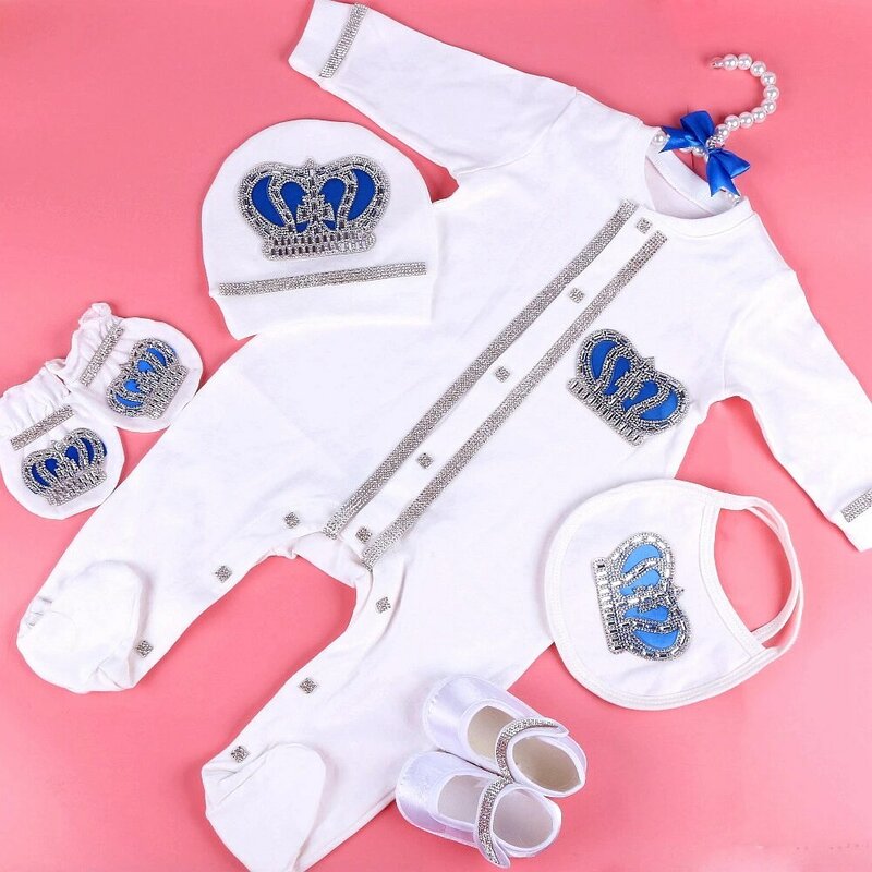 0-3 เดือนทารกแรกเกิดเสื้อผ้าเด็กทารกชุดสีขาวผ้าฝ้าย bodysuit กับ Crown Rhinestone คริสตัลเด็กเด็กผ้า 2020