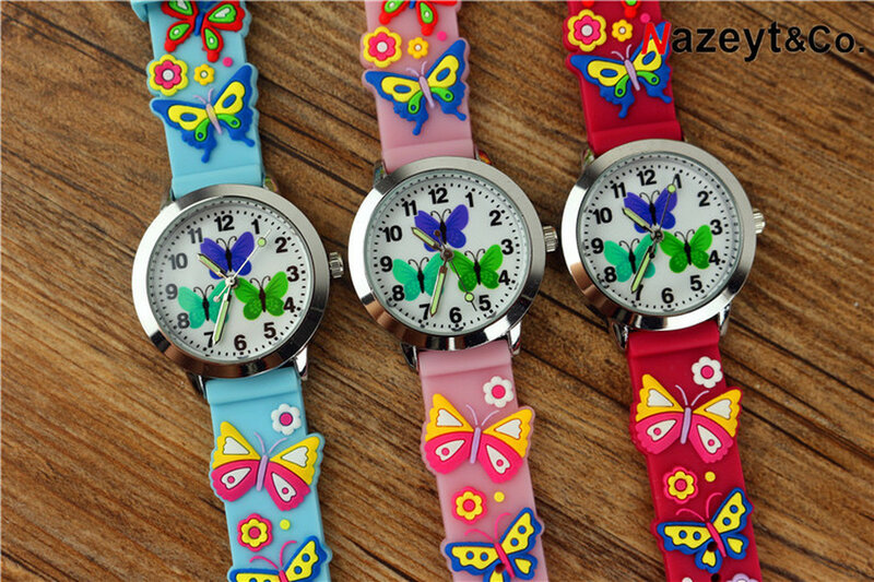 Детские наручные часы, светящиеся кварцевые часы с 3d-бабочкой и синим и зеленым рисунком из силикагеля