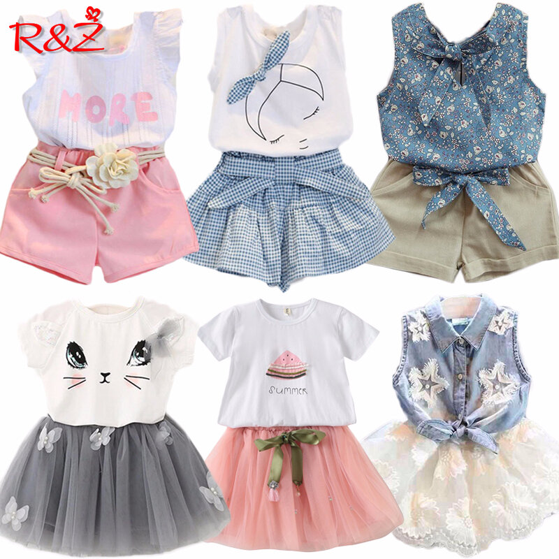 R & Z 2019 طفل أطفال طفلة الأزهار الأبيض بلوزة الأزهار التنانير الصيف قصيرة الأكمام 2 قطعة ملابس الرضع فتاة 2-7 سنوات