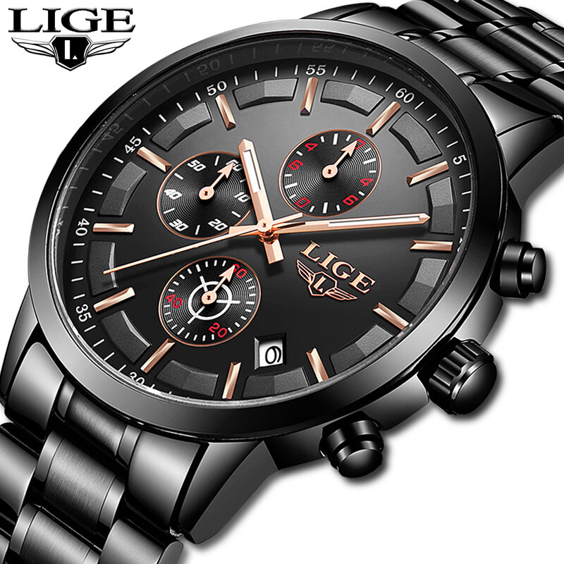 Lige-高級メンズスポーツウォッチ,クォーツ時計,ステンレススチール,耐水性,男性