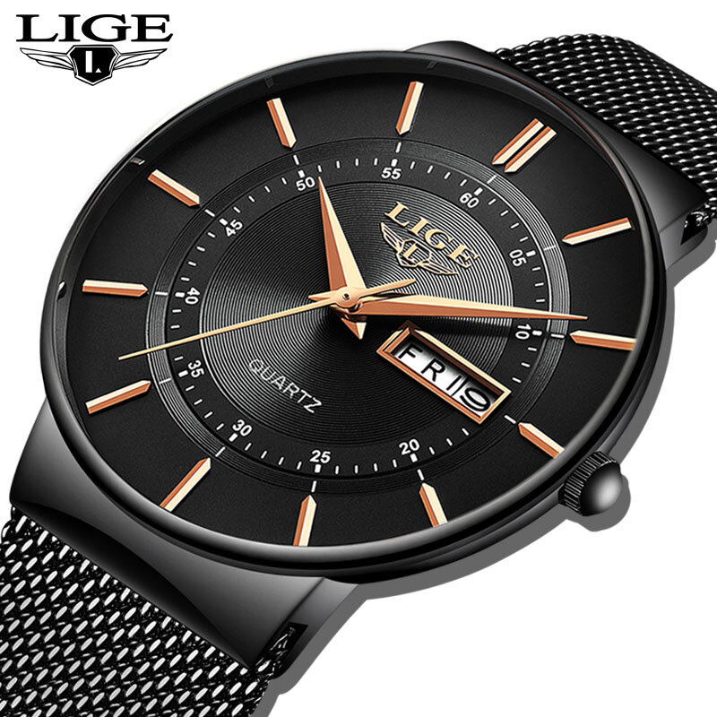 LIGE-ساعة فاخرة للرجال ، إكسسوار أزياء غير رسمي ، علامة تجارية فاخرة ، بسيطة ، تناظرية بحزام شبكي فولاذي ، ساعة كوارتز مقاومة للماء ، رياضية