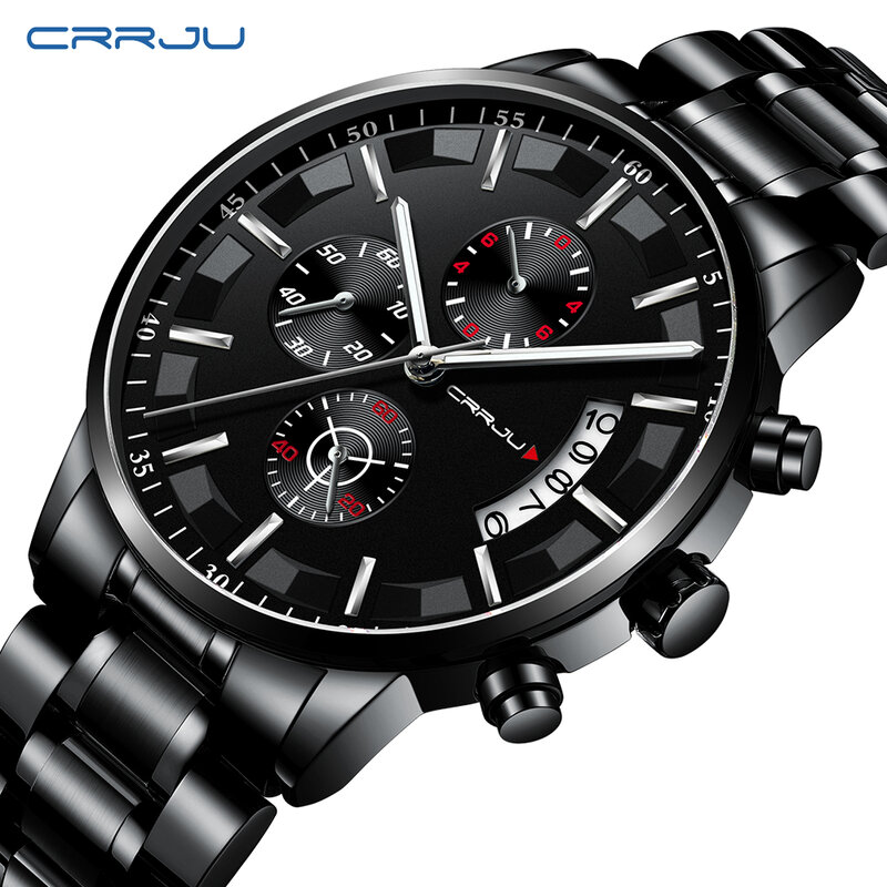Nowe mody CRRJU męska Casual sport Slim wodoodporny zegarek luksusowej marki Chronograph data pełna siatka stalowa na rękę najlepszy prezent