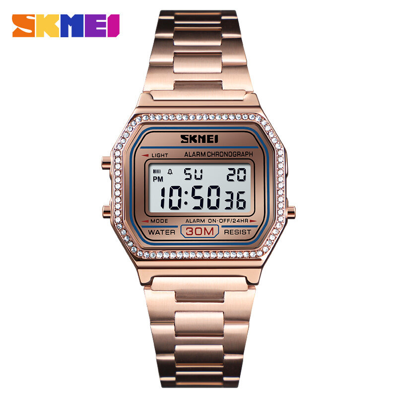 SKMEI – montre numérique de marque pour femmes, bracelet en acier inoxydable, LED numérique, carré, Sport, Relogio Masculino
