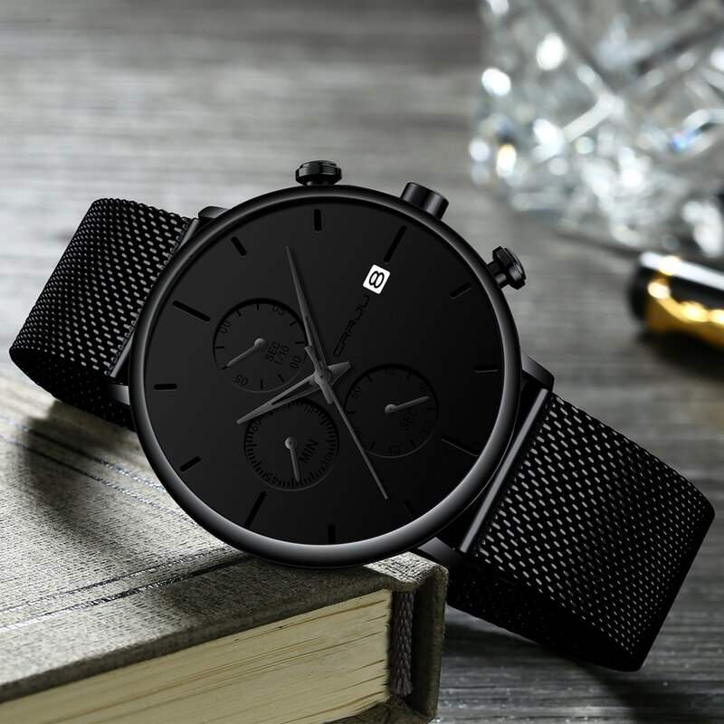 Crrju relógio masculino de luxo, novo minimalista, clássico, multi-função, cronógrafo, impermeável, malha, relógio de pulso com exibição de data, 2020