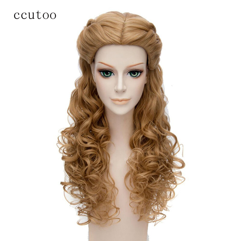 Ccu- peruca longa e ondulada de cabelo sintético, 65cm, loira, parte central, estilo, cosplay, princesa, cinderela