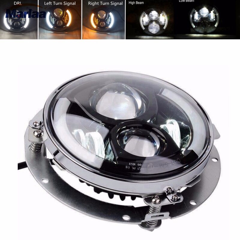 Marlaa 7" Inch Round LED Headlight High Low Beam with 7" Bracket Ring Support for Motorcycle
