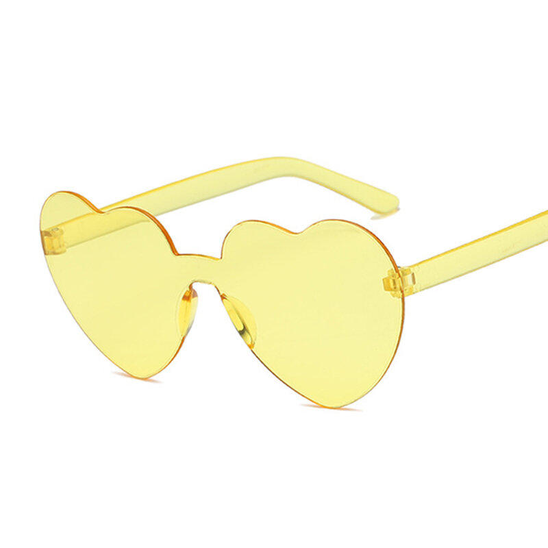 Óculos de sol em formato de coração, óculos feminino sem aro lentes coloridas cores vermelho rosa amarelo para viagem