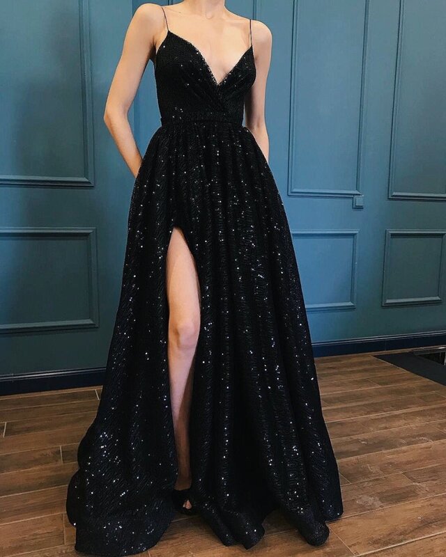 Женское вечернее платье с блестками, Элегантное Длинное официальное платье на бретелях-спагетти с V-образным вырезом и Боковым Разрезом