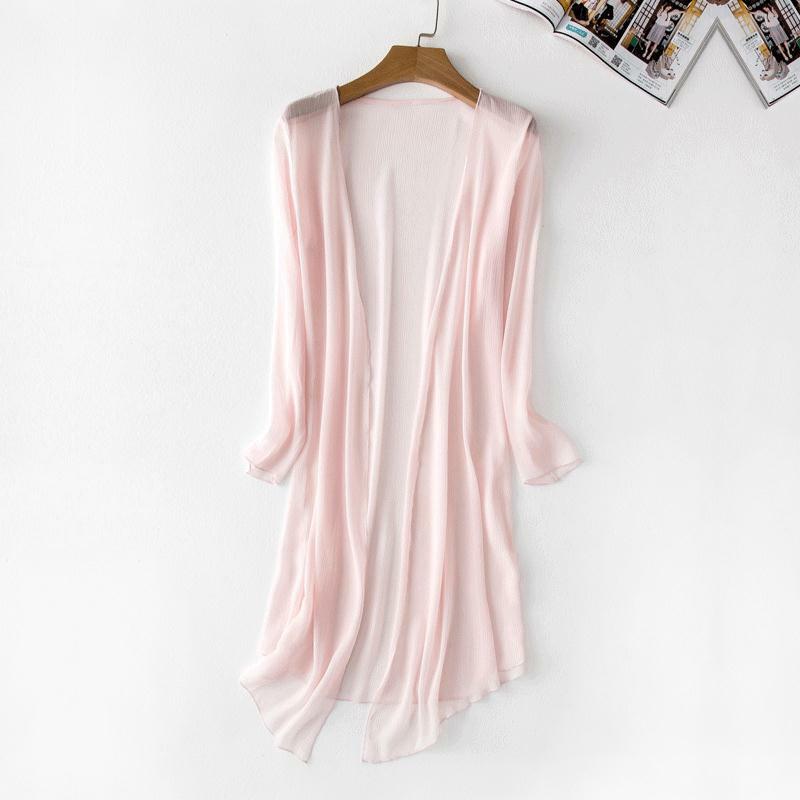 Verão chiffon blusa rosa cardigan proteção solar roupas blusa longa praia branco feminino moda topos feminino