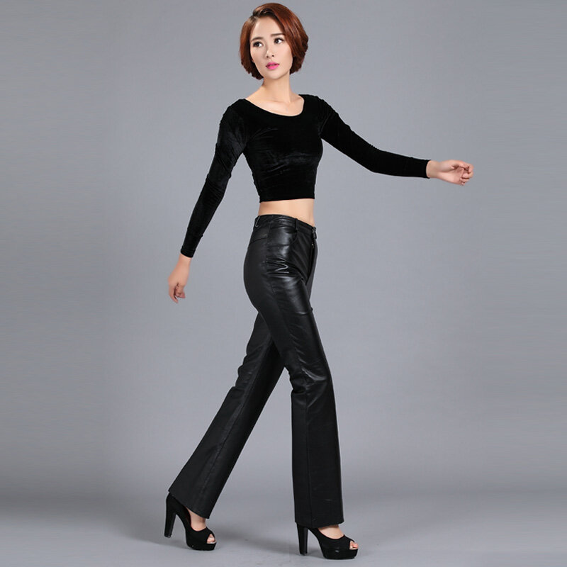 Genuine Leather Pants Autumn Women's Sheepskin Pants Mid Waist Casual Pants Womens Soft Leather Pants Women Flare Trousers