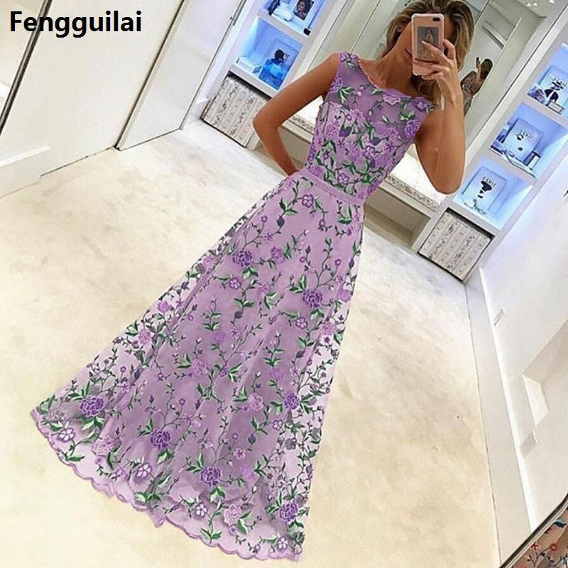 Women Long Prom Floral Formal Evening Party Dress Ladies Flower Embroidery Gown Tulle Full Dress