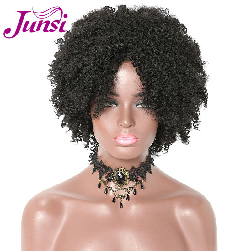 Junsi Pendek Afro Curly Wig Sintetis Campuran Rambut Emas untuk Wanita Wig