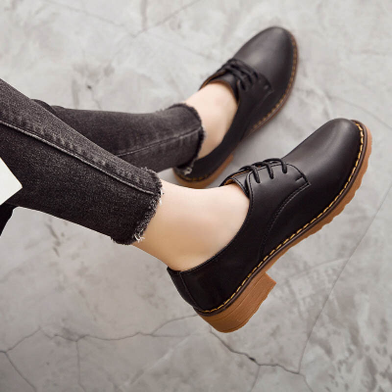 Oxfords – chaussures plates à lacets pour femmes, décontractées, Vintage, cuir véritable, bout rond, loisirs, confortables, nouvelle collection