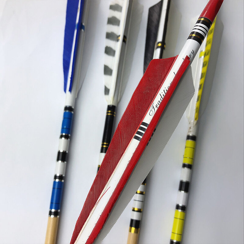 Flechas de madera de 32,5 "od8.2 mm, 5", pluma de pavo, arco tradicional, tiro con arco, caza, 12 Uds.