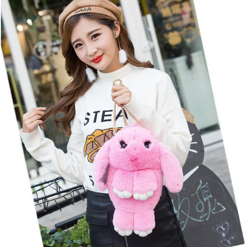 Rccity bolsa feminina fofa de coelho, bolsa fofinha e felpuda de pompoms e corrente, mochila sling com desenho de coelho