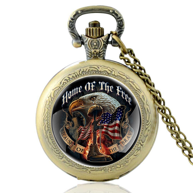 De Bronze do vintage Do Exército Dos Estados Unidos Casa Do Livre Clássico Das Mulheres Dos Homens Colar de Pingente de Quartzo Relógio de Bolso Retro Relógios Presentes