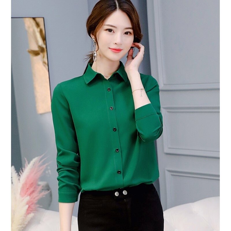 Blusa de chifón lisa con botones para otoño, camisa elegante informal Lisa para mujer, prendas de vestir, 2020