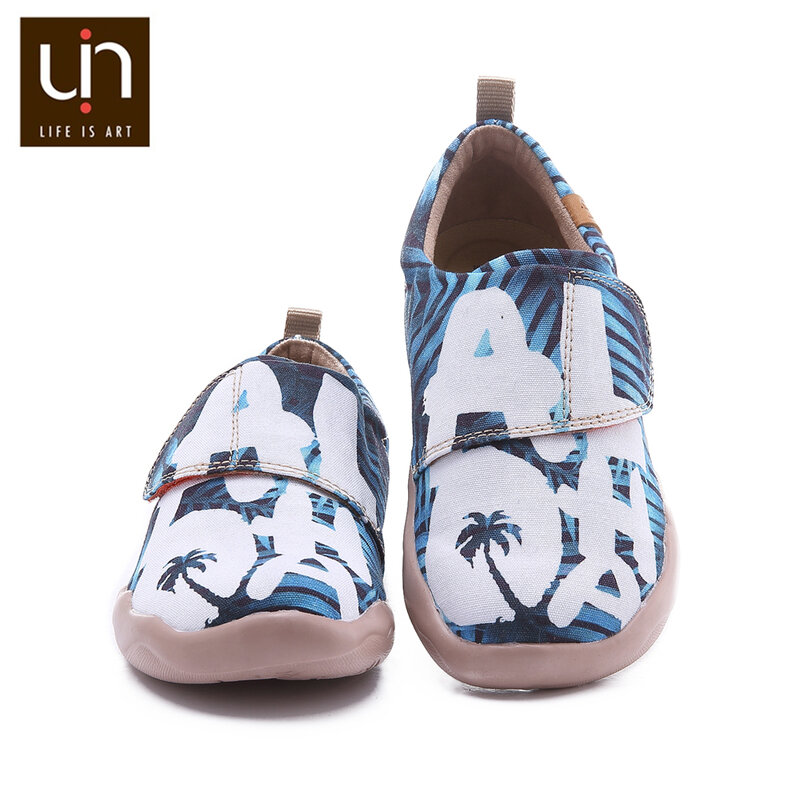 UIN Aloha ออกแบบผ้าใบสำหรับรองเท้าเด็กใหญ่ Hook & LOOP Soft Flats ชาย/หญิงสบายกลางแจ้งเด็กรองเท้ารองเท้าผ้าใบ