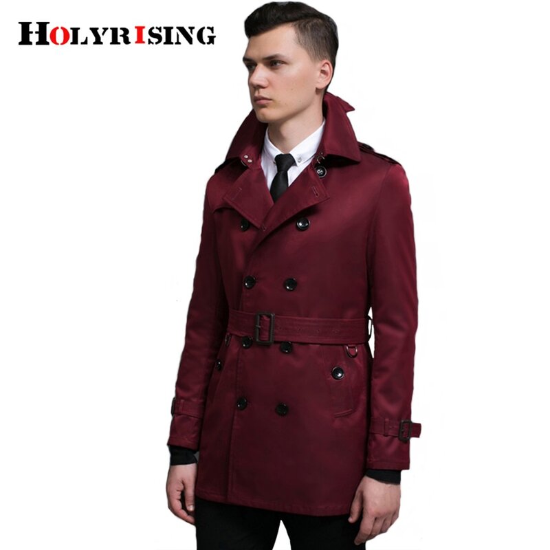 Holyrising-gabardina ajustada para hombre, cortavientos con doble botón, abrigo de tela roja, ropa de estilo británico #18246-5