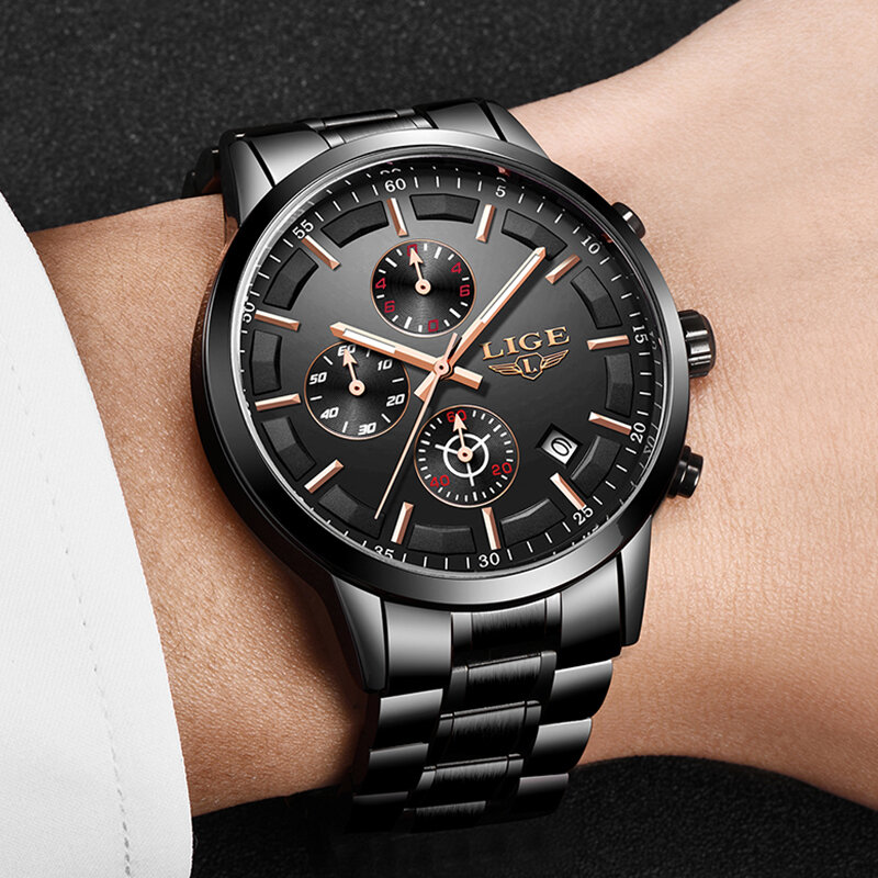 LIGE – montre de Sport pour hommes, chronographe, étanche, à Quartz, en acier inoxydable, marque de luxe