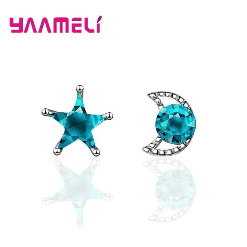 Trendy New Blue Star/Moon Earrings Accurate Cutting Cubic Zirconia 925 Sterling Silver Jewelry Wedding Engagement Gift