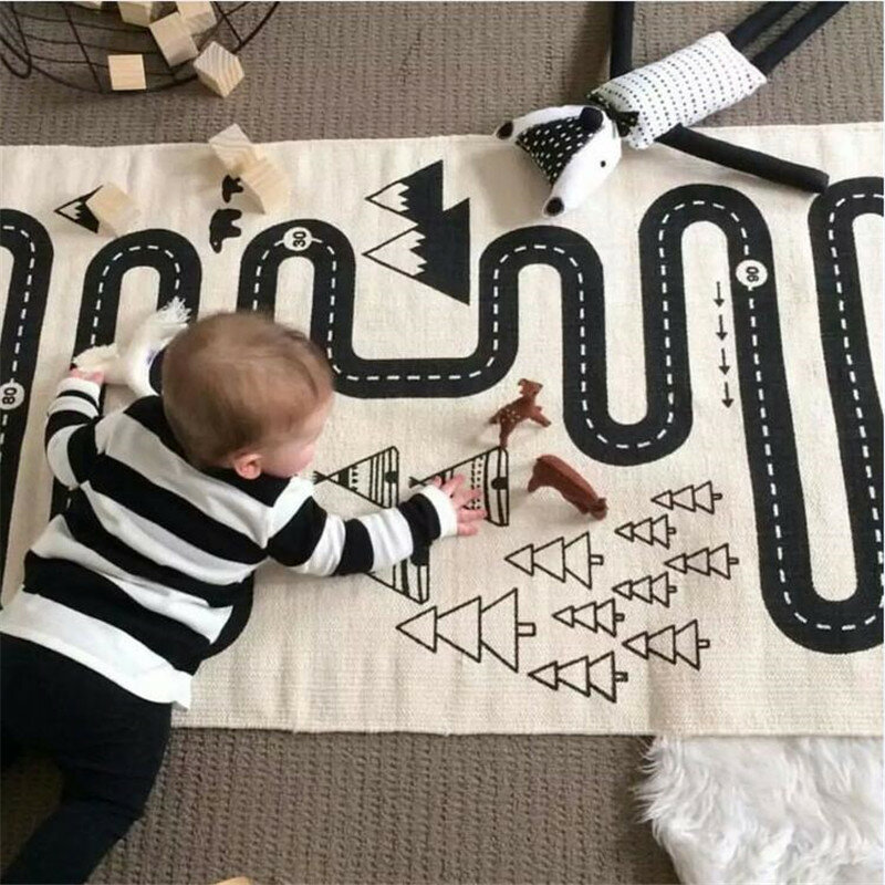 OLOEY – tapis de jeu imprimé piste de route pour bébé, 70x170cm, pour ramper, aventure, course pour bébé, tapis de sol pour enfants, décor de chambre