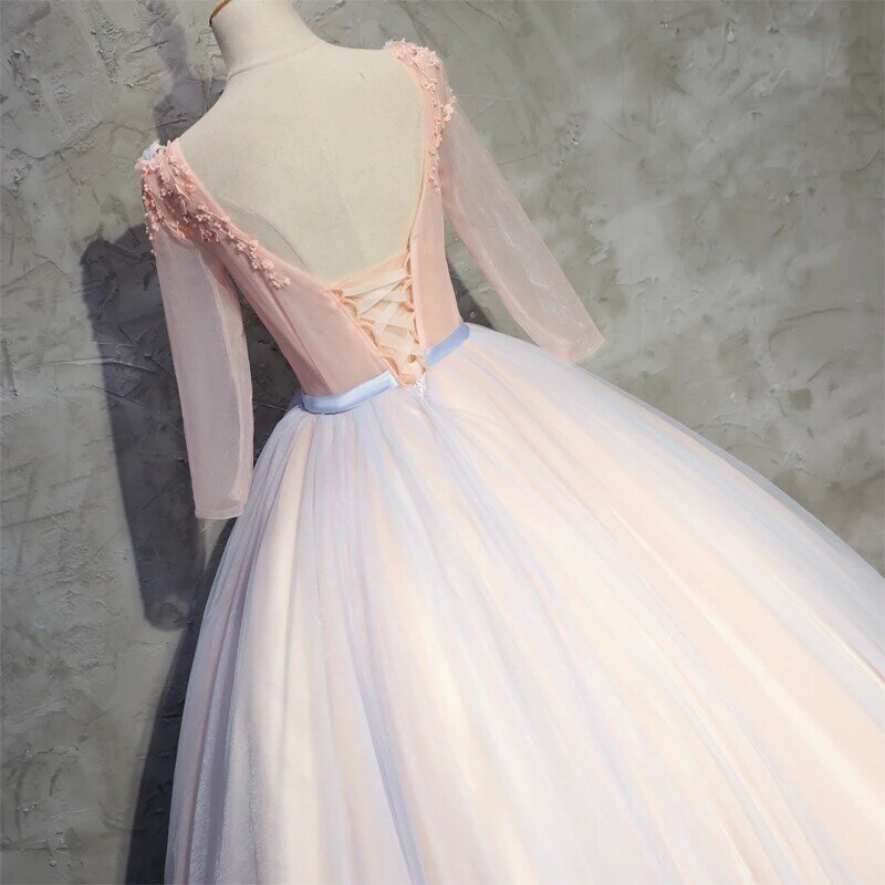 Long Sleeve Peach Quinceanera Dresses Scoop Tulle With Lace Ball Gown Puffy Vestidos De 15 Anos Vestido Quinceanera