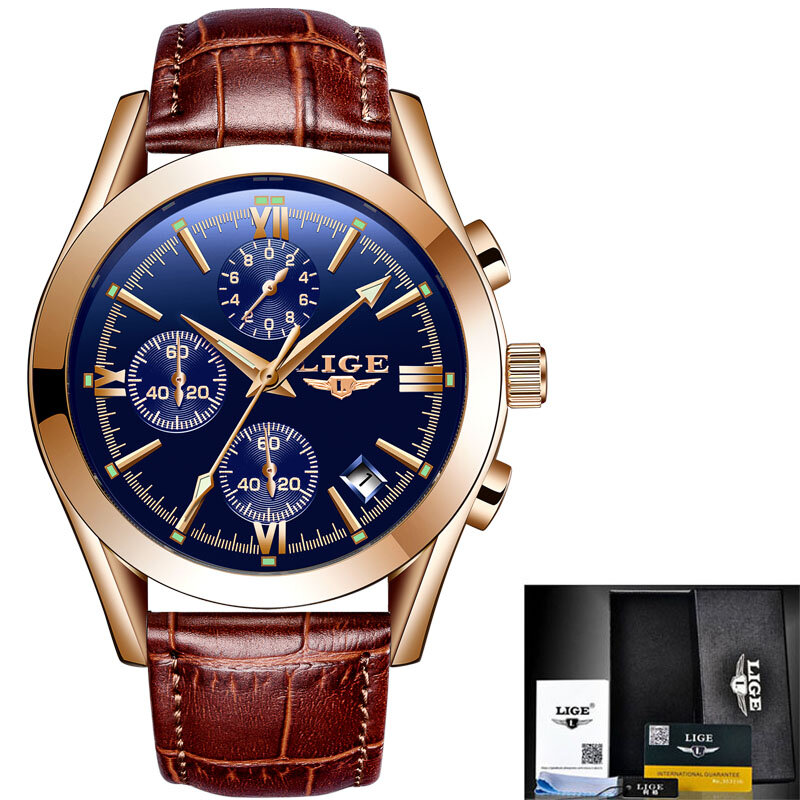 Lige 2021レザー男性カジュアルスポーツクロノグラフ最高ブランドの高級腕時計防水日付腕時計レロジオmasculino