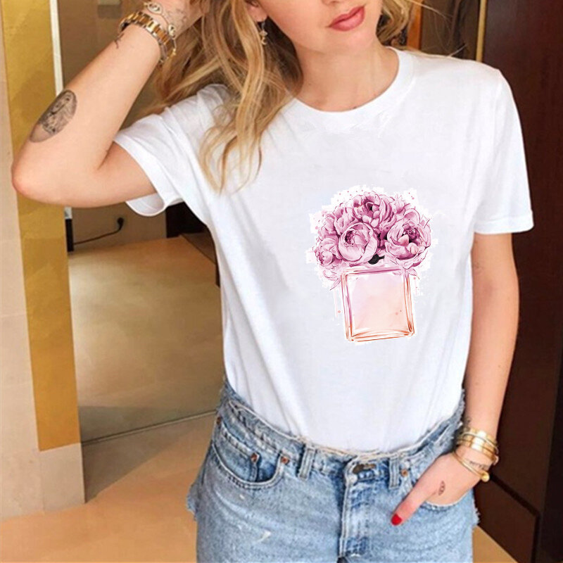 LUSLOS Kaus Lengan Pendek Musim Panas Wanita Print Parfum Bunga Merah Muda Kaus Streetwear Harajuku Lucu Atasan Kaus Super Lembut Homme