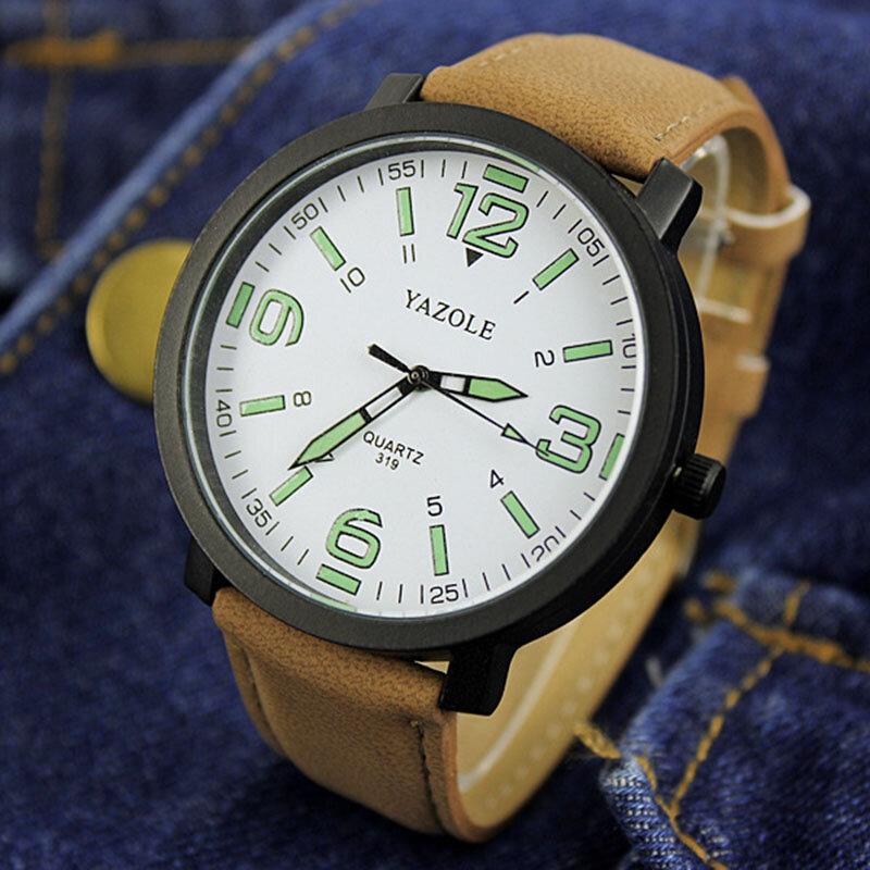 Yazole relógio masculino com pulseira de couro, casual, pulseira de couro, luminoso, eletrônico, esportivo, visor grande 319