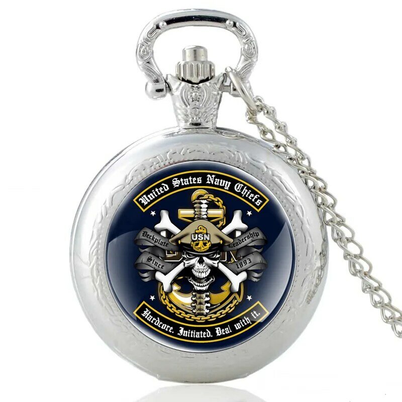 Nuevo plata de la Marina de los Estados Unidos cráneo de cuarzo reloj de bolsillo clásico Steampunk esqueleto colgante collar relojes regalo