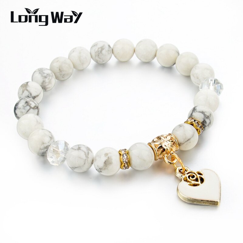 LongWay-Pulseras con abalorios de corazón para mujer, brazaletes de piedra Natural blanca, joyería Bohemia, regalo, bisutería, SBR150344