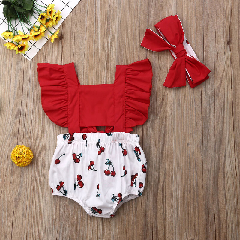 2 Stuks Pasgeboren Baby Meisje Ruches Cherry Print Bodysuits Hoofdband Sunsuit Outfits Zomer Kleding