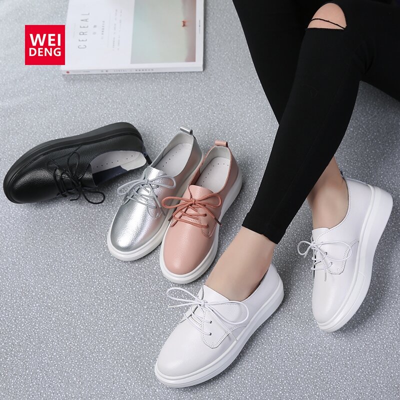 WeiDeng klinowe platformy prawdziwej skóry próżniak Casual mieszkania buty buty do chodzenia kobieta zasznurować moda srebrny wypoczynek 6cm podeszwa