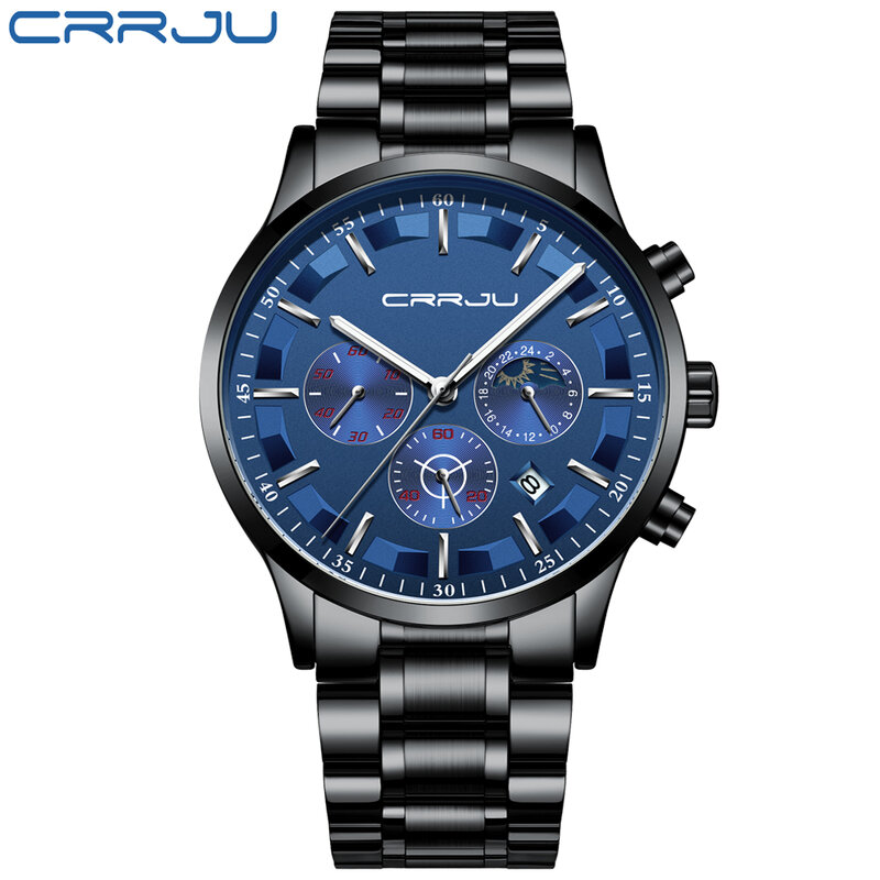 CRRJU-ساعة رجالية من الفولاذ المقاوم للصدأ ، ساعة يد كوارتز ، كرونوغراف كلاسيكي متعدد الوظائف ، مقاومة للماء في الهواء الطلق