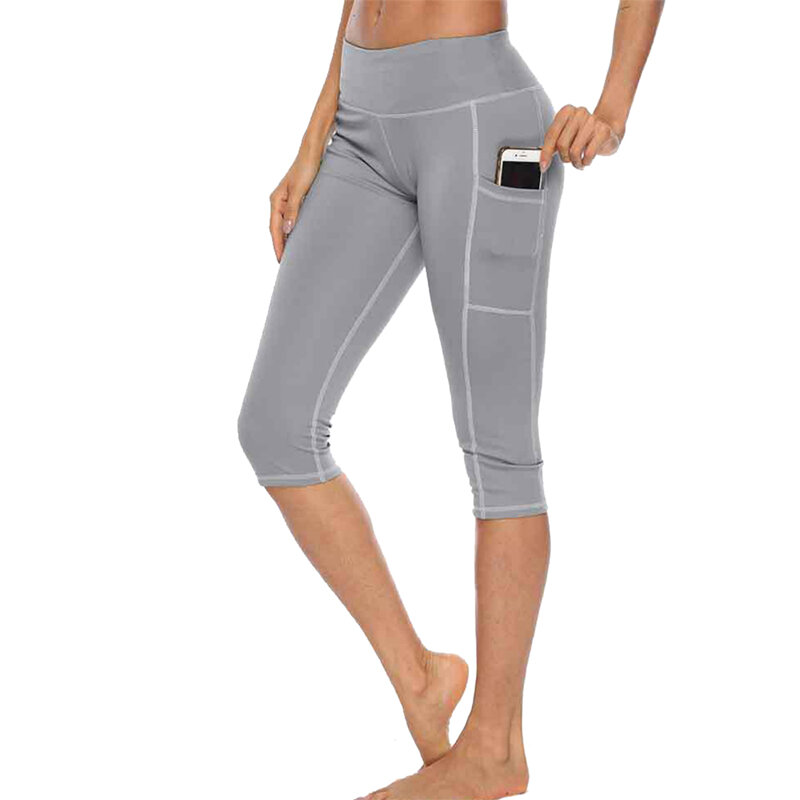 Workout Capris Leggings Side Pocket High Waist Running Yoga Pants Slim Fitness Quick Drying Casual Stretchy Leggings