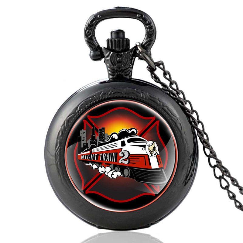 Nueva llegada negro bomberos Control tren de noche 2 de cuarzo reloj de bolsillo Vintage hombres COLLAR COLGANTE de las mujeres relojes