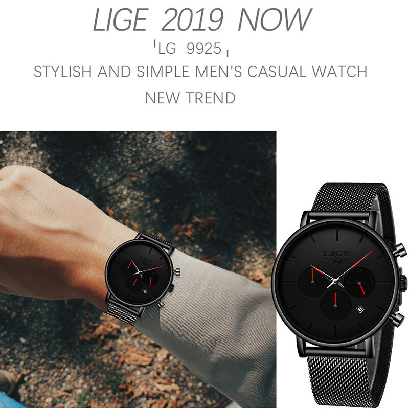 LIGE męski strój biznesowy zegarki luksusowe Casual wodoodporny zegarek sportowy mężczyźni kreatywny Dial Quartz Slim zegarek z siatką Relogio Masculino