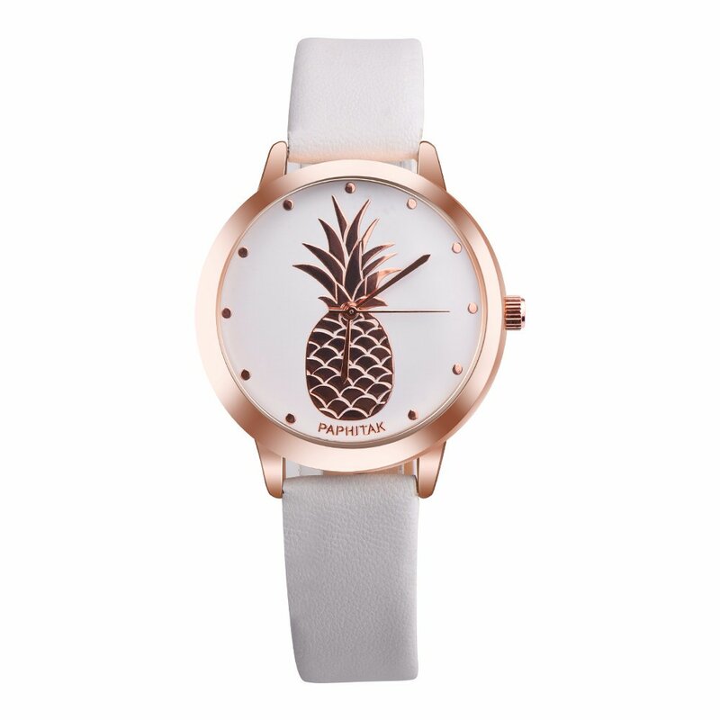 Relógio de quartzo unissex, relógio redondo de abacaxi para mulheres vestido e couro