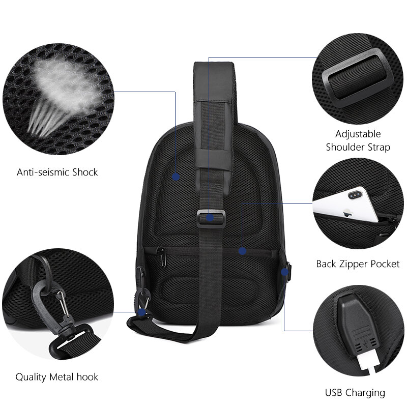 OZUKO Fashion Rivet Men Shoulder Bag Male Hard Shell Crossbody Messenger Bag Waterproof Short Trip USB Sling Bags for Teenager