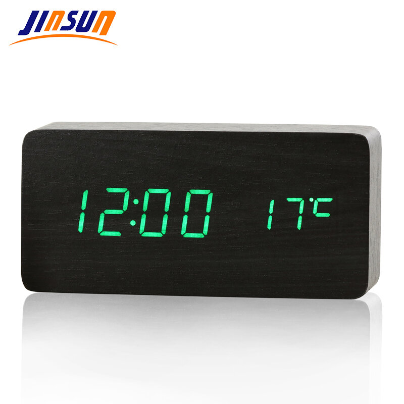 Jinsun LED reloj de tiempo/fecha/temperatura digital madera mesa de voz Relojes de pared pantalla LED mesa de escritorio digital relojes de pared