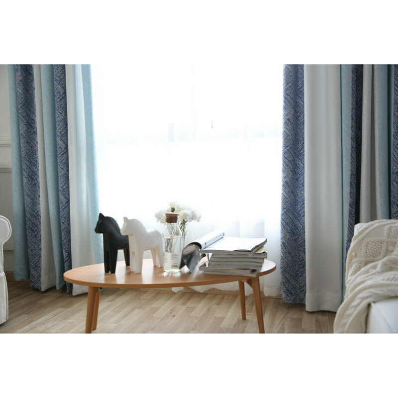 DUNXDECO-cortinas de tul para sala de estar, Cortina Simple y moderna a rayas azules, Rideau, 150x270cm