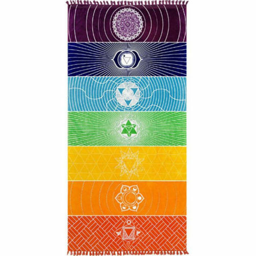 Tapete de yoga de arco-íris com chakras, toalha boho listrada com mandala e borlas, para viagem, 1 peça